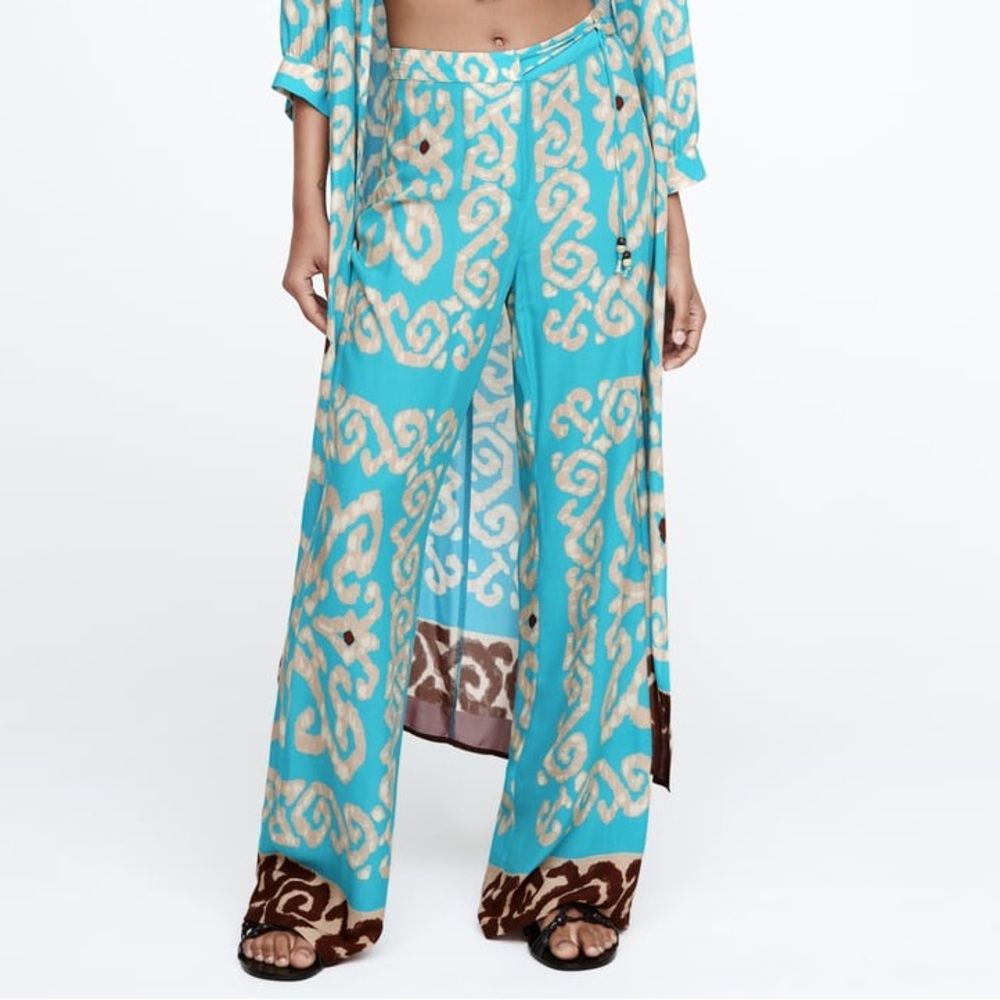 NWT Zara Turquoise Patterned Wide-Leg Pants